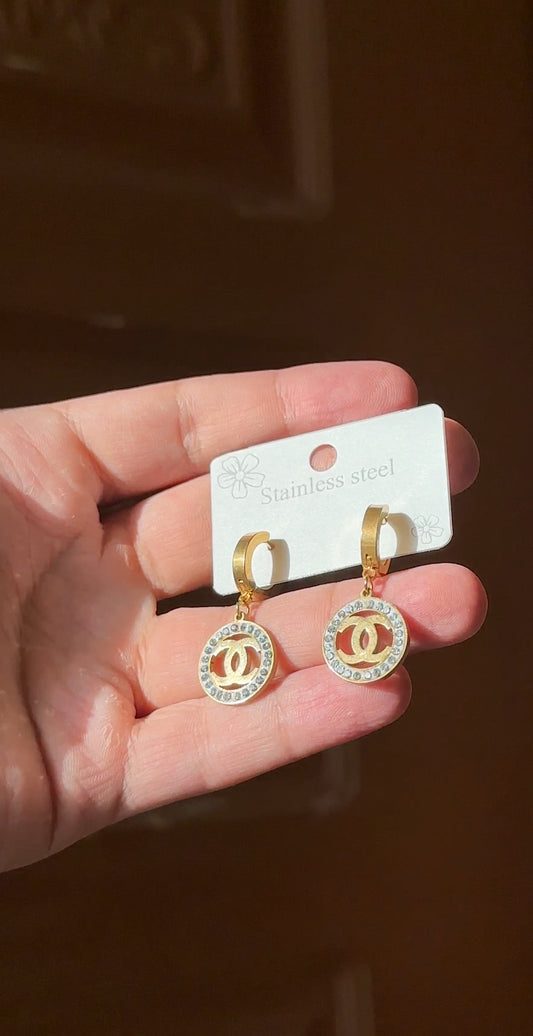 Chanel Brass and Pave Crystal Logo Earrings